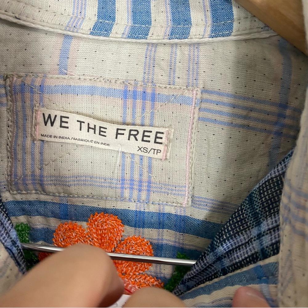Free People Embroidered Sashiko Shirt Plaid Floral Oversized XS Blue Ivory - Picture 7 of 7